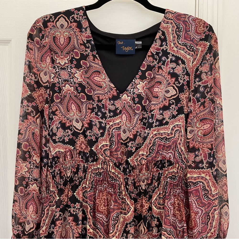 Just Taylor Midi Dress Boho Paisley Floral Flowy Ruffle V Neck Lined Fall 10